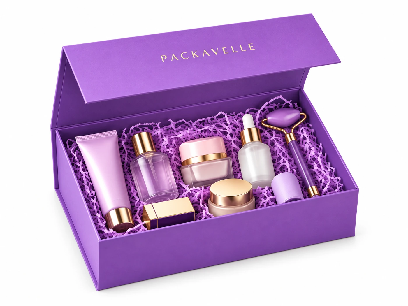 Custom color magnetic gift boxes in green, purple and blush pink
