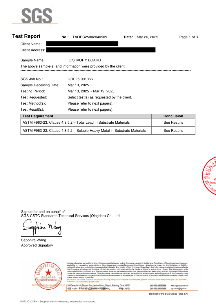 Redacted ASTM F963-23 test report cover