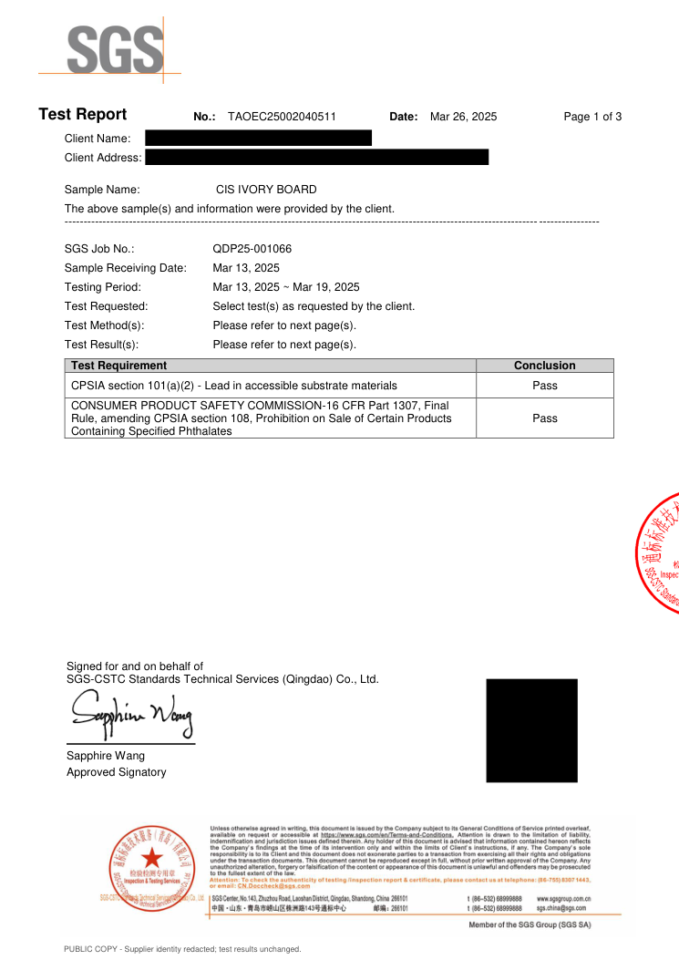 Redacted CPSIA test report cover