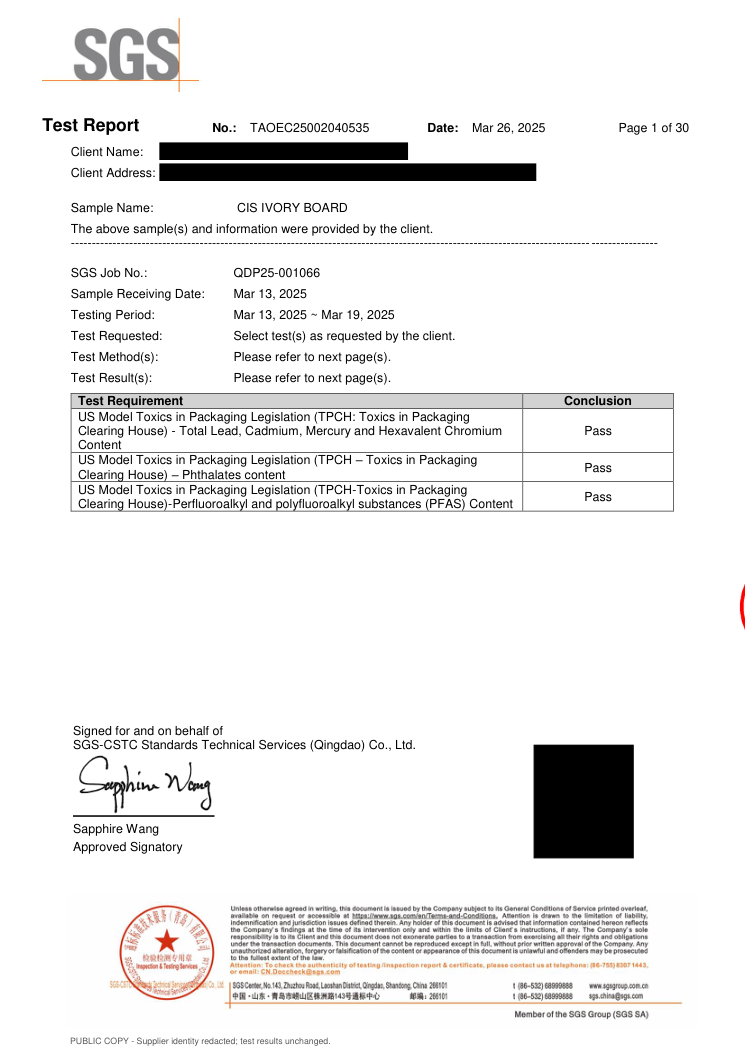 Redacted TPCH & PFAS test report cover